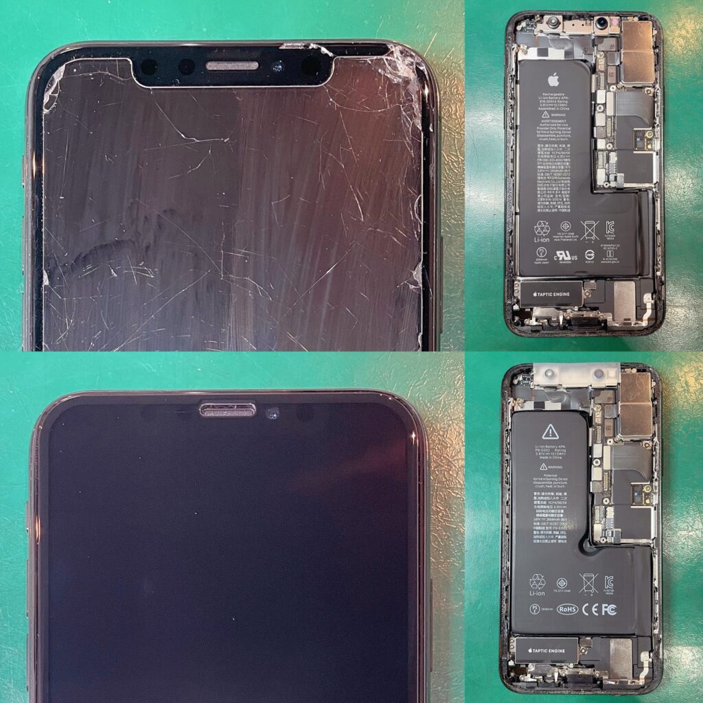 iPhoneXSのバッテリー交換とガラス割れ修理 Before After