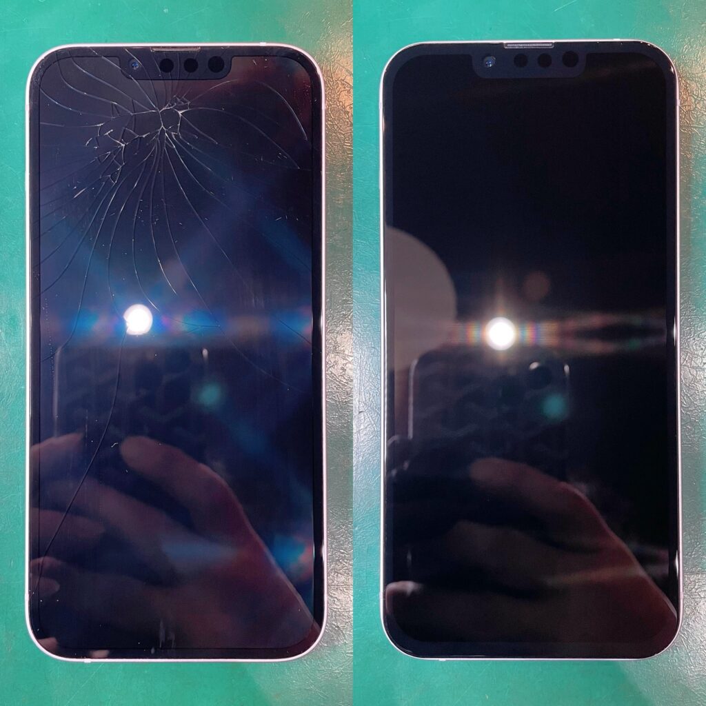 iPhone14のガラス割れ修理 Before After